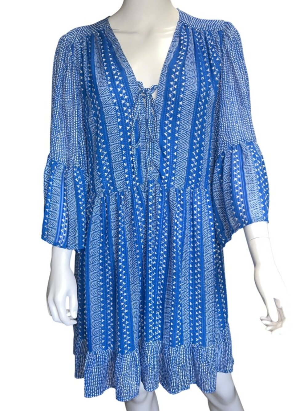 Sabina Musayev Dress Womens L Blue Geometric Boho Ruffle Bell Sleeve Mini